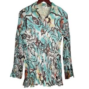 Alberto Makali Abstract Floral Crinkle Blouse‎ Large Teal Stretch Ruffle